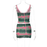 Tie-dye Multi-color Printed V-neck Lace Trimmed Camisole and Super-Short Skirt two piece Set