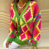 Contrast V-neck Personalized Long Sleeve Cardigan Button Knitted Coat