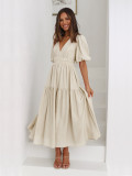Deep V-neck Bubble Sleeve Vacation Dress