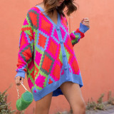 Contrast V-neck Personalized Long Sleeve Cardigan Button Knitted Coat