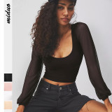 Square Neckline And Ribbed Knit Fabric Short Sassy Women's Top