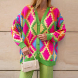 Contrast V-neck Personalized Long Sleeve Cardigan Button Knitted Coat