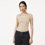 Square Neckline And Ribbed Knit Fabric Short Sassy Women's Top