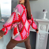 Contrast V-neck Personalized Long Sleeve Cardigan Button Knitted Coat