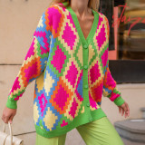Contrast V-neck Personalized Long Sleeve Cardigan Button Knitted Coat