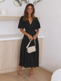 Deep V-neck Bubble Sleeve Vacation Dress