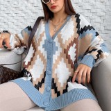 Contrast V-neck Personalized Long Sleeve Cardigan Button Knitted Coat