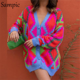 Contrast V-neck Personalized Long Sleeve Cardigan Button Knitted Coat