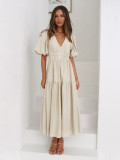Deep V-neck Bubble Sleeve Vacation Dress