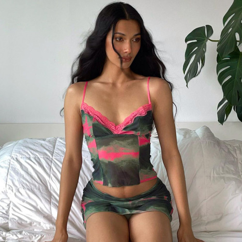 Tie-dye Multi-color Printed V-neck Lace Trimmed Camisole and Super-Short Skirt two piece Set