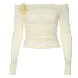 Off-Shoulder Long Sleeves Tight-Fit Ruched T-Shirt