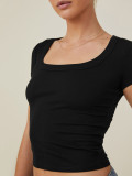 Square Neckline And Ribbed Knit Fabric Short Sassy Women's Top