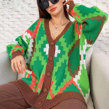Contrast V-neck Personalized Long Sleeve Cardigan Button Knitted Coat