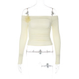 Off-Shoulder Long Sleeves Tight-Fit Ruched T-Shirt