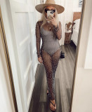 Sexy Beaded Mesh Long Sleeved Cover shirt Dress