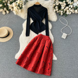 Cross V-neck Irregular Knit Sweater Top + Flared 3D Rose Print Midi Skirt Set