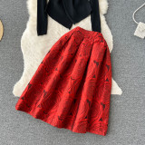 Cross V-neck Irregular Knit Sweater Top + Flared 3D Rose Print Midi Skirt Set