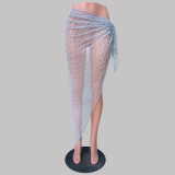 Seductive Pearl and Rhinestone Tie-Up Belt Mesh Skirt