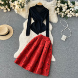 Cross V-neck Irregular Knit Sweater Top + Flared 3D Rose Print Midi Skirt Set