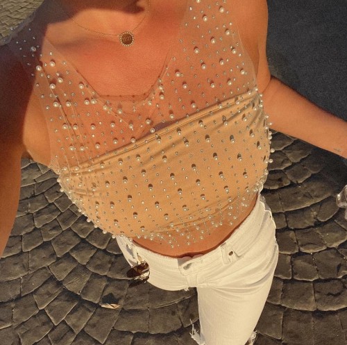 Beaded Rhinestone Crop Top