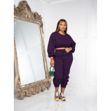 Solid Color Round Neck Sweatshirt Pant Set