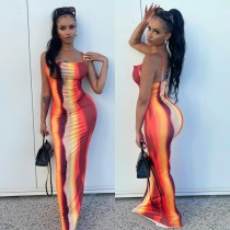 Trendy Color Contrast Straps Print Long Dresses