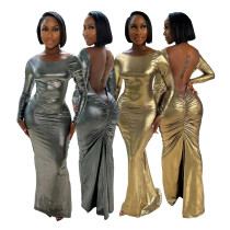 Solid Imitation Leather Bronzing Backless Pleated Long Sleeve Maxi Dress