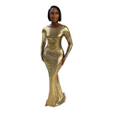 Solid Imitation Leather Bronzing Backless Pleated Long Sleeve Maxi Dress