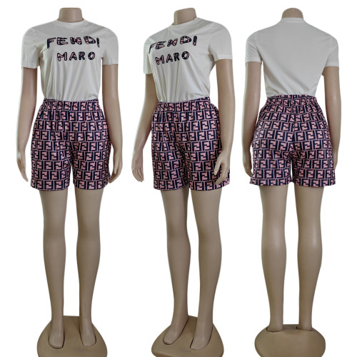 Summer Embroidery + Printing Short Sleeve Shorts Set