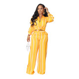 Striped Print Shirt and Loose Straight Pants Two-Piece Set