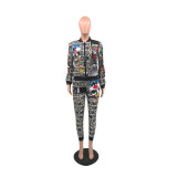 Fashion Zipper Printed Long Sleeve Jacket Trousers Two Pieces