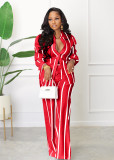 Striped Print Shirt and Loose Straight Pants Two-Piece Set