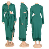Two-Piece Set with Fringe Split Tie-Up Skirt and Tie-Up Shirt Top