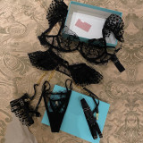 Women's  Metal Chain Lace Embroidered Eyelash 7 Pieces set Sexy Underwear