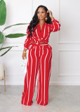 Striped Print Shirt and Loose Straight Pants Two-Piece Set