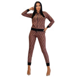 Fashion Zipper Printed Long Sleeve Jacket Trousers Two Pieces