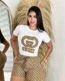 Summer Embroidery + Printing Short Sleeve Shorts Set