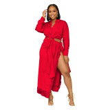 Two-Piece Set with Fringe Split Tie-Up Skirt and Tie-Up Shirt Top