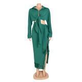 Two-Piece Set with Fringe Split Tie-Up Skirt and Tie-Up Shirt Top