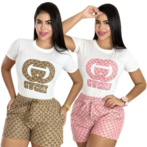 Summer Embroidery + Printing Short Sleeve Shorts Set