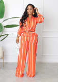 Striped Print Shirt and Loose Straight Pants Two-Piece Set