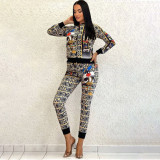 Fashion Zipper Printed Long Sleeve Jacket Trousers Two Pieces