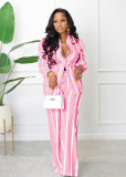Striped Print Shirt and Loose Straight Pants Two-Piece Set