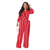 Striped Print Shirt and Loose Straight Pants Two-Piece Set