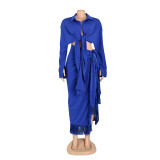 Two-Piece Set with Fringe Split Tie-Up Skirt and Tie-Up Shirt Top