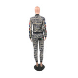 Fashion Zipper Printed Long Sleeve Jacket Trousers Two Pieces