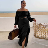 Sexy Off Shoulder Lantern Sleeves Wrapped Tops Long Skirts Two Pieces