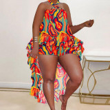 Nightclub Clothes Sexy Halter Print Irregular Two Pieces