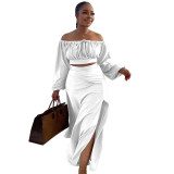 Sexy Off Shoulder Lantern Sleeves Wrapped Tops Long Skirts Two Pieces