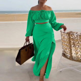 Sexy Off Shoulder Lantern Sleeves Wrapped Tops Long Skirts Two Pieces